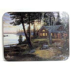 Rivers Edge Cabin on Lake Tempered Glass Cutting Board Cabin Lodge Kitchen NEW